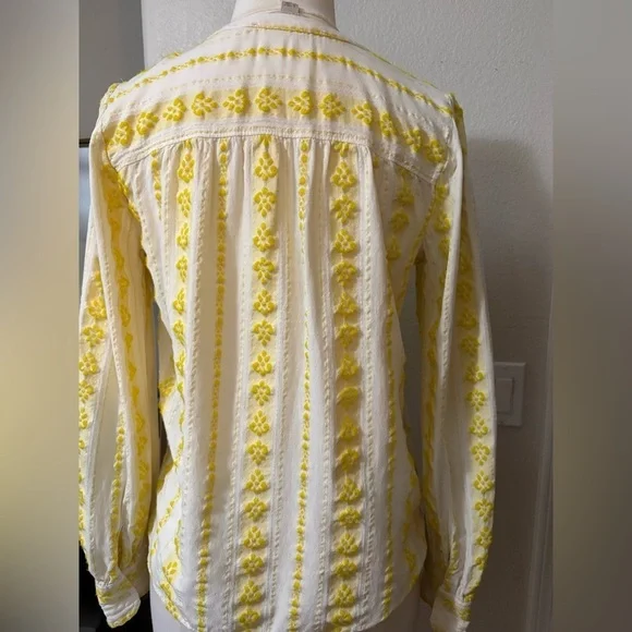 Loft Butter Yellow and Cream Long Sleeve Embellished Blouse. 3/4 Button Up. - Picture 2 of 13